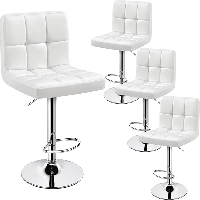Yaheetech Bar Stools Set of 4, PU Leather Adjustable Swivel Barstools, Modern Armless Bar Chairs with Bigger Base, Thickened Seat Cushion, Square Island Barstools for Kitchen Island, White
