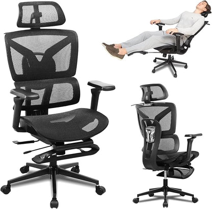 Ergonomic Office Chair with Footrest, 5D Adjustable Armrests, Comfy Swivel Rolling Mesh Computer Desk Chair with Lumbar Support, Adjustable Seat Depth, Wheels for Home, Gaming, S2 Elite Pro
