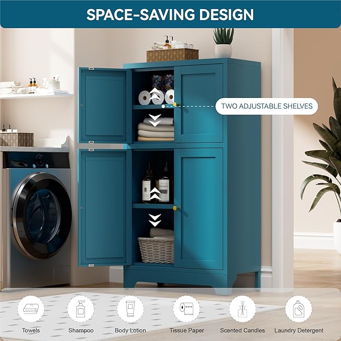 Bathroom Floor Storage Cabinet,Metal Accent Cabinets with 4 Doors and 2 Adjustable Shelves,Blue Storage Cabinets Organizer for Pantry Kitchen,Living Room,Hallway, Restroom