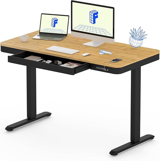 FLEXISPOT Comhar Electric Standing Desk with Drawer Desktop & Adjustable Frame w/USB Charge Ports (Bamboo-Look Laminate/Black, Wood)