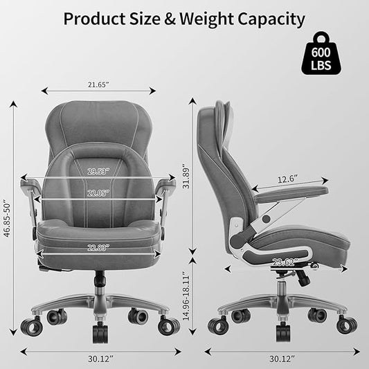 Big and Tall Office Chair, 600lbs Heavy Duty Desk Chair with 5D Arms, Adjustable Lumbar Support & Height, Tilt Function, PU Leather High Back Ergonomic Executive Computer Chair with 3'' Silent Casters