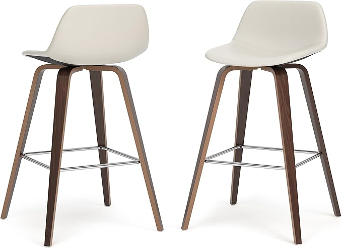 SIMPLIHOME Randolph Counter Stools (Set of 2) - 28 Inch Seat Height Upholstered Bentwood Kitchen Seats in Cream PU Faux Leather, Mid Century Modern Seating with Curved Backrest and Chrome Footrest