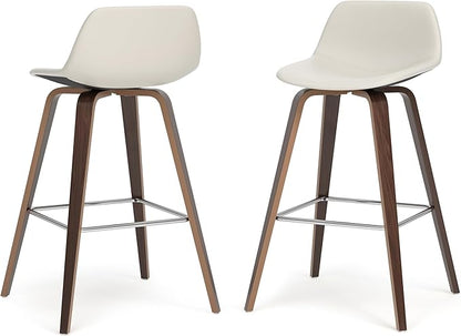 SIMPLIHOME Randolph Counter Stools (Set of 2) - 28 Inch Seat Height Upholstered Bentwood Kitchen Seats in Cream PU Faux Leather, Mid Century Modern Seating with Curved Backrest and Chrome Footrest
