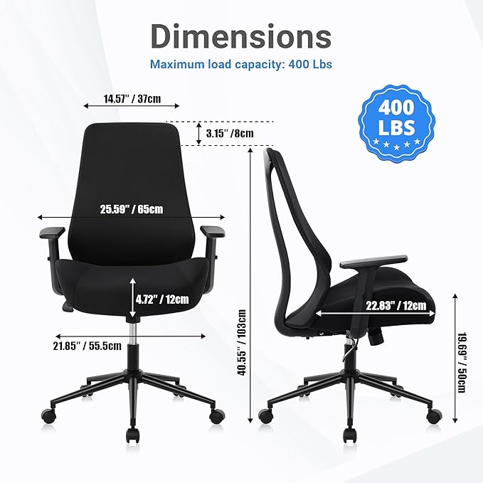 HYLONE Ergonomic Office Chair, Tall Back Chair 5" Thickened Seat Desk Chair with Adjustable Armrests, Home Office Computer Chairs for Long Hours Mesh Executive Chair(Black)