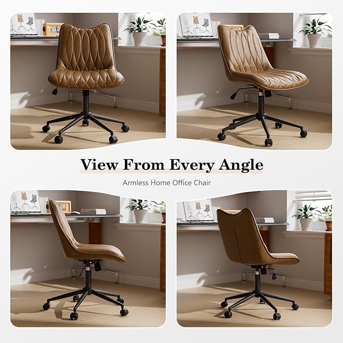 Armless Desk Chair, Armless Office Chair with Wheels, Small Desk Chair No Arms for Home Office, Swivel Vantiy Chair with Backs for Bedroom, Rolling Task Chair for Small Space, Brown