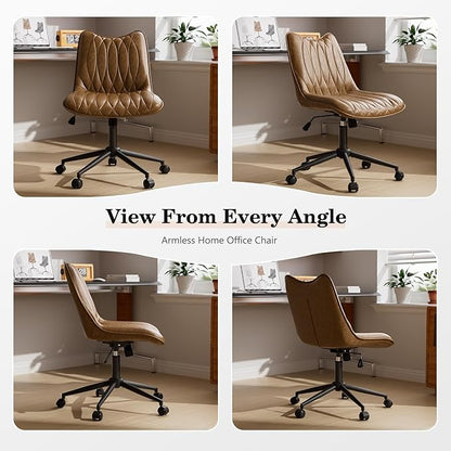 Armless Desk Chair, Armless Office Chair with Wheels, Small Desk Chair No Arms for Home Office, Swivel Vantiy Chair with Backs for Bedroom, Rolling Task Chair for Small Space, Brown