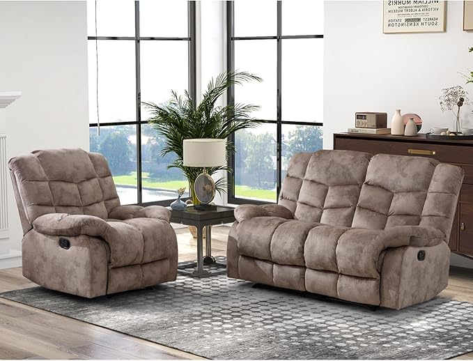 CANMOV Manual Loveseat Recliner, 2 Seat Recliner Sofa Chair with Armrest and Overstuffed Backrest, Couch Set for Living Room, Bedroom, Office, Light Brown