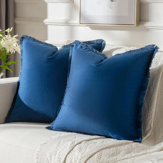 FUTEI Navy Blue Velvet Decorative Throw Pillow Covers 22x22 Set of 2,Soft Cozy Edge with Tassels Cushion Case,Boho Modern Home Decor for Couch Bed Living Room
