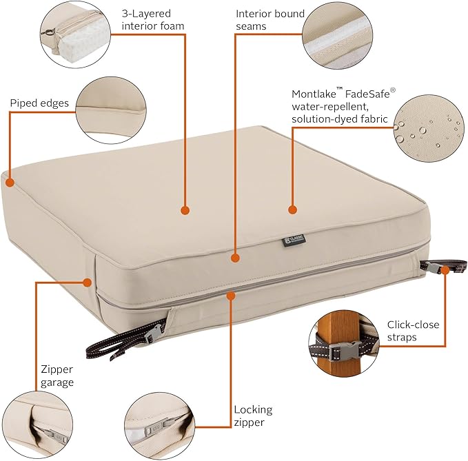 Classic Accessories Montlake Water-Resistant 23 x 25 x 5 Inch Rectangle Outdoor Seat Cushion, Patio Furniture Chair Cushion, Antique Beige, Patio Furniture Cushion Covers