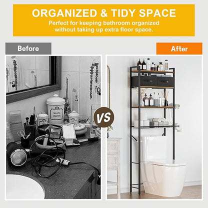 Over Toilet Bathroom Organizer with 2 Storage Cubes, 4-Tier Adjustable Metal Toilet Storage Shelves for Towels, Toilet Paper, Toiletries, Easy Assembly Freestanding Small Space Saver