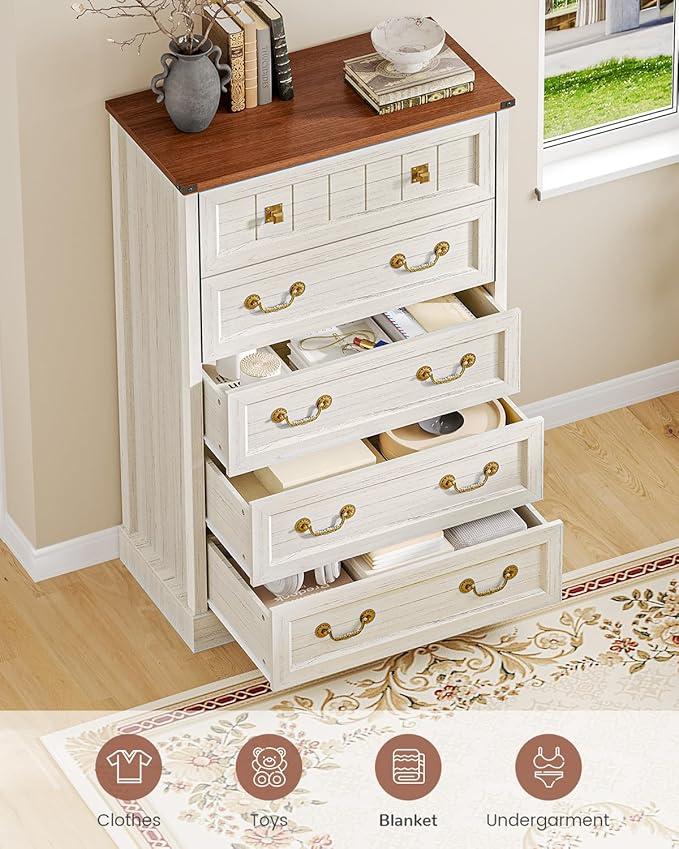 AOGLLATI Farmhouse 5 Drawers Dresser for Bedroom, 48” Tall Wood Rustic Chest of Drawers with Natural Texture, Vintage Design, Black Storage Dresser for Bedroom,Antique White