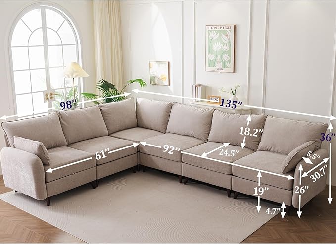 135'' Modular Sectional Sofa with Storage Seat,Oversized L Shaped Couch,6 Seater Couches for Living Room,Bedroom,Velet,Khaki