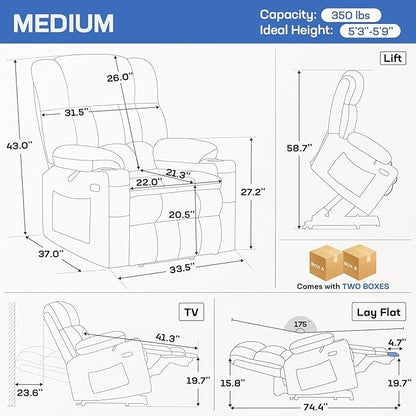 Tami Tami Dual Motor Power Lift Chair Recliner for Elderly with Massage and Heat, Infinite Position Electric Lift Recliner with Adjustable Headrest, USB (T6015 - Plush Fabric, Dark Brown, Medium)