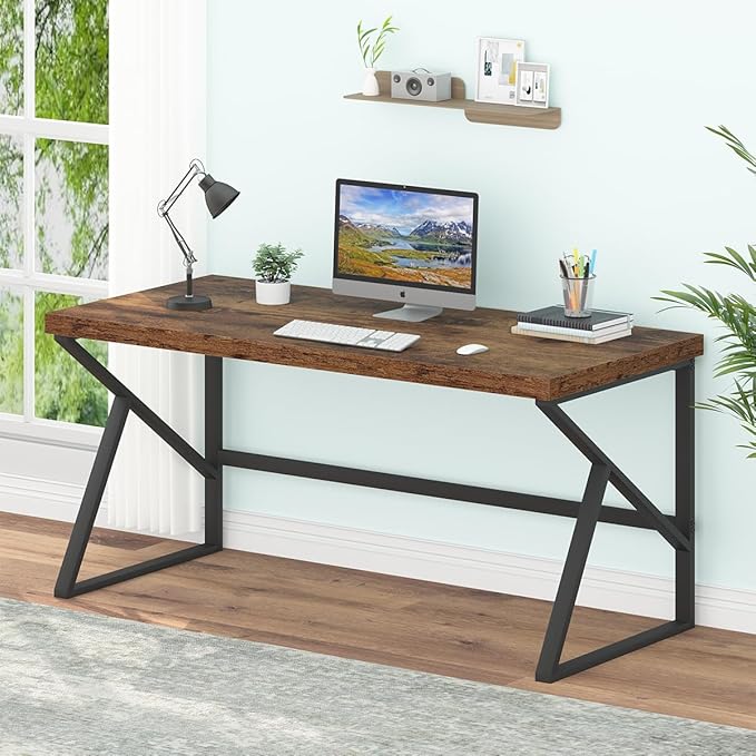 HSH Rustic Computer Desk, Large Executive Writing Study Work Desk for Home Office, Industrial Metal Wooden PC Laptop Long Desk Workstation, Modern Bedroom Living Room Table, Rustic Brown, 60 Inch