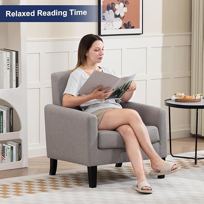 Accent Chairs Set of 2, Mid Century Modern Living Room Chairs Comfy Reading Chair with Upholstered Cushion Relax Armchair for Bedroom Apartment,Office, Light Grey
