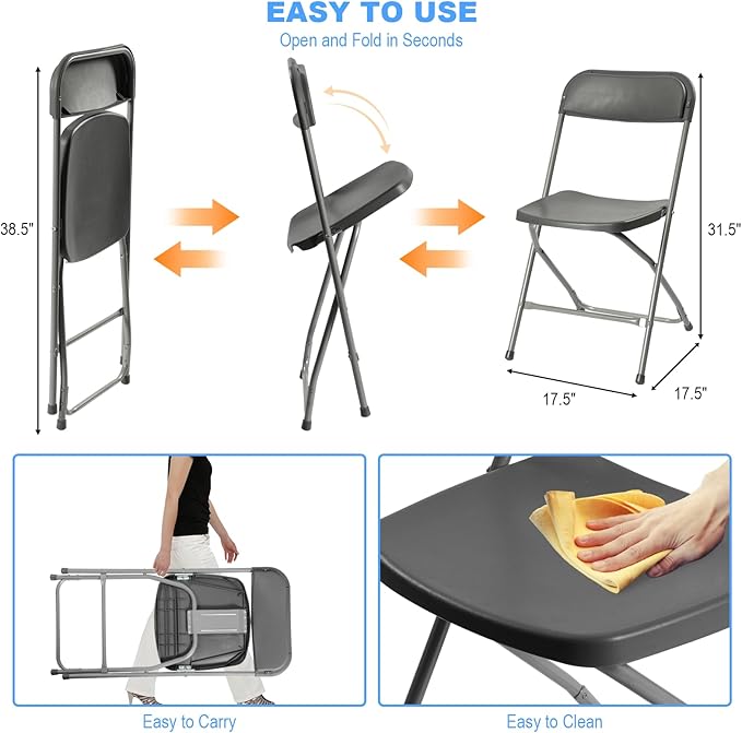 50 Pack Plastic Folding Chairs, Portable Party Chairs, Stackable Commercial Seats with Steel Frame for Home Office Wedding Party Indoor Outdoor Events Chairs, 350lbs Capacity,Gray