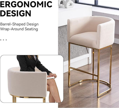 Contemporary Cream Linen Bar Stools Set of 2, 32" Upholstered Fabric Counter Height Barstool Kitchen Counter Island Stools with Golden Metal Base