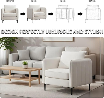Velvet Accent Chairs Set of 2, Comfy Upholstered Single Sofa Chair Mid-Century Modern Armchair with Thick Cushion and Wood Frame Side Chair for Living Room Bedroom Apartment (Ivory)