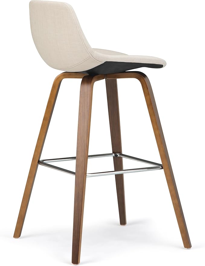 SIMPLIHOME Randolph Counter Stools (Set of 2) - 28 Inch Seat Height Upholstered Bentwood Kitchen Seats in Natural Linen Look Fabric, Mid Century Modern Seating with Curved Backrest and Chrome Footrest