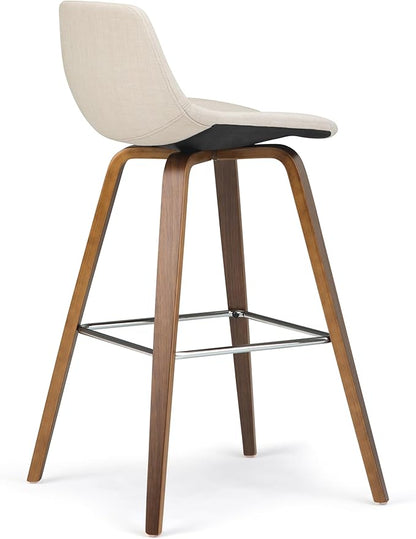 SIMPLIHOME Randolph Counter Stools (Set of 2) - 28 Inch Seat Height Upholstered Bentwood Kitchen Seats in Natural Linen Look Fabric, Mid Century Modern Seating with Curved Backrest and Chrome Footrest