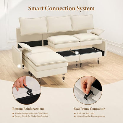 Vesgantti 108" Modular Sectional Sofa, Comfy Cloud Couch with Movable Ottoman Deep Seat Chenille L Shaped Modular Sofa, Sectional Couches for Living Room, Bedroom and Apartment, Beige