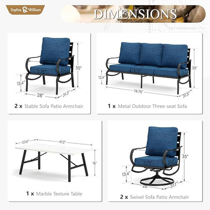 Sophia & William Patio Furniture Sets for 7 Outdoor Conversation Set 6 Pcs with 4 x Armrest Cushioned Sofa Chairs, 1 x 3-Seat Sofa, 1 Marbling Metal Coffee Table Garden Backyard Poolside Peacock Blue