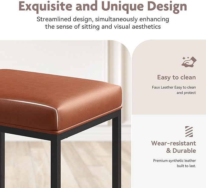 ALPHA HOME 24 Inch Counter Height Bar Stools Set of 4, Upholstered Bar Stools for Kitchen Island, Counter Stools with Faux Leather Cushion and Sturdy Metal Frame, Modern Barstools, Caramel