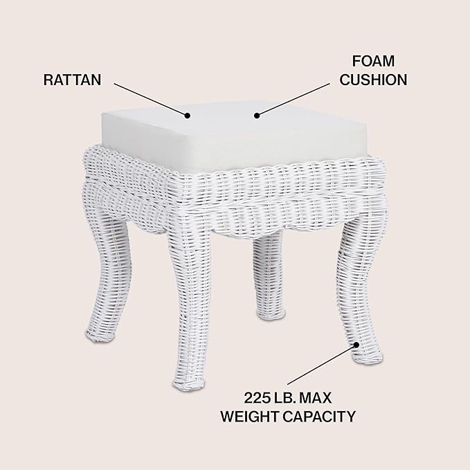 JONATHAN Y VSL1000D Rowan 19.7" Bohemian Designer Woven Rattan/Wood Ottoman Vanity Stool, White Cushion Seat with White Distressed Binded Base, for Living Room, Bedroom, Entryway, Foyer
