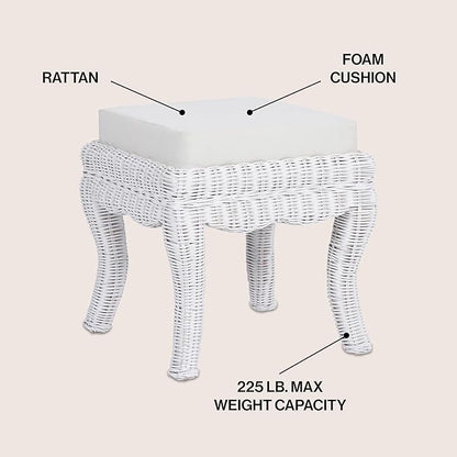 JONATHAN Y VSL1000D Rowan 19.7" Bohemian Designer Woven Rattan/Wood Ottoman Vanity Stool, White Cushion Seat with White Distressed Binded Base, for Living Room, Bedroom, Entryway, Foyer