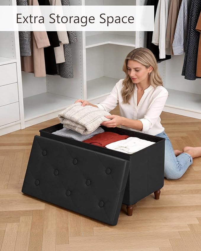 GLAXYFUR 30 Inches Storage Ottoman Bench with Wooden Legs, Faux Leather Folding Ottoman Foot Rest, Storage Bench for Living Room, Hallway & Bedroom, Black