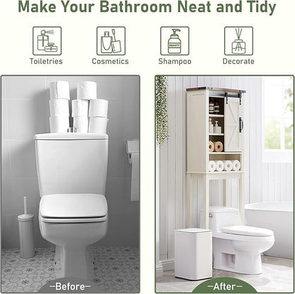 OKD Over The Toilet Storage Cabinet, Farmhouse Storage Cabinet Over Toilet with Sliding Barn Door & Adjustable Shelves, Home Space Saver for Bathroom, Living Room, Rustic Oak with Antique White
