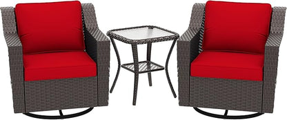 3 Pieces Patio Conversation Furniture Set - 2 Swivel Chairs, 1 Side Table, Outdoor Wicker Rocking Glider Armchairs with Washable and Water-Resistant Cushions for Porch, Balcony (Red)