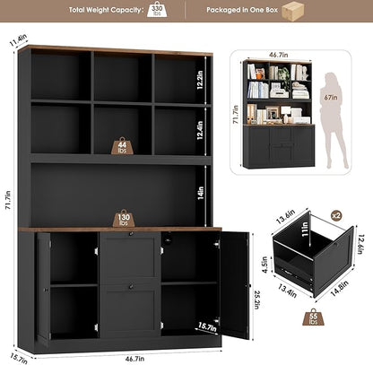 HIFIT 72'' Tall File Bookcase with Power Outlet & Printer Stand, 2 Drawer Filing Cabinets for Home Office Fit Hanging A4 File, Storage Cabinet w/ 3 Tier Open Book Shelf & Doors for Living Room, Black