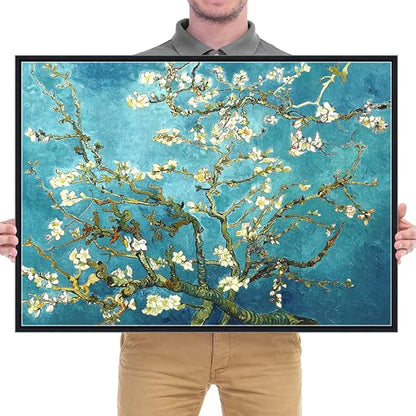 Wieco Art Framed Art Almond Blossom Floral Canvas Prints of Van Gogh Famous Oil Paintings Reproduction Flowers Pictures on Canvas Wall Art for Bedroom Home Decorations Black