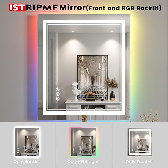 24x30 inch LED Bathroom Mirror with Lights RGB Backlit Color Changing Lighted Vanity Mirror for Bathroom Wall Dimmable Anti-Fog Led Mirror for Bathroom(RGB Backlit + 3 Front-Lighted)