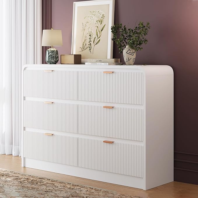 FURSUN Fluted 6 Drawers Dresser for Bedroom, 54" Wide Wooden Dresser with Metal Handle, Curved Profile Design, Modern Storage Organizer for Bedroom, Hallway (White)
