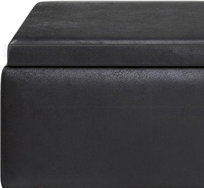 SIMPLIHOME Owen 34 inch Wide Mid Century Modern Rectangle Tray Top Small Coffee Table Storage Ottoman in Distressed Black Vegan Faux Leather, Assembled, for the Living Room, Entryway and Family Room