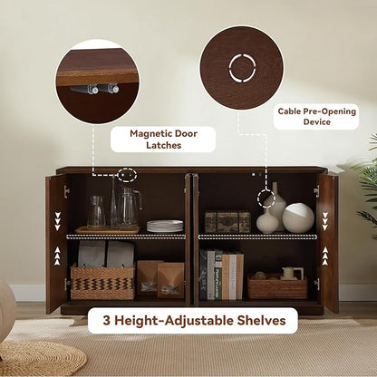 LKTART 59" Sideboard Buffet Cabinet Retro Accent Storage Cabinet with Magnetic Door Latches Adjustable Shelf for Living Room Kitchen(Walnut)
