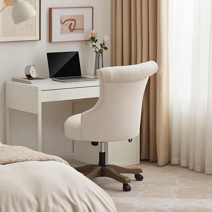 Home Office Chair Adjustable Height Swivel Chair with Wheels Linen Fabric Upholstered Computer Desk Chair with Wooden Legs Comfortable Armless Chair for Home Office Study Studio(Beige)