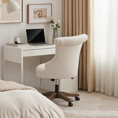 Home Office Chair Adjustable Height Swivel Chair with Wheels Linen Fabric Upholstered Computer Desk Chair with Wooden Legs Comfortable Armless Chair for Home Office Study Studio(Beige)