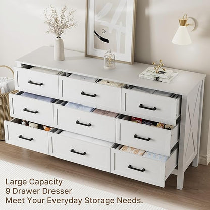 LYNSOM Farmhouse 9 Drawers Dresser for Bedroom, 55" Wide Wood Rustic Chest of Drawers with Natural Texture, Metal Handle, Storage Dressers Organizer for Entryway, Hallway, White