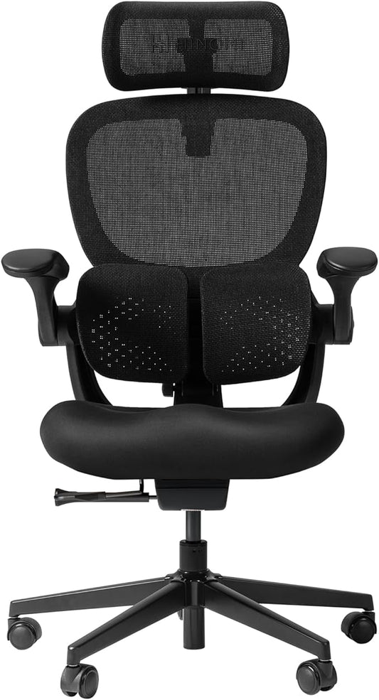 HINOMI Q2 Ergonomic Office Chair with Lumbar Support & Adjustable Headrest, Cushion Seat with Flip-Up Arms, Reclining Computer Seating with Footrest, Stylish Desk Model for Home (Black)