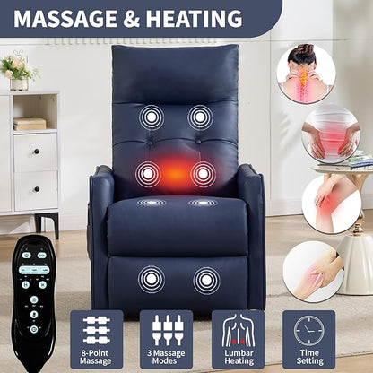 PELUMY Manual Lift Recliner Chair with Massage and Heat for Elderly, Single Motor Electric Lift Chair, Heavy Duty Recliner with USB Charging & Side Pockets (Breathable Leather, Dark Blue)