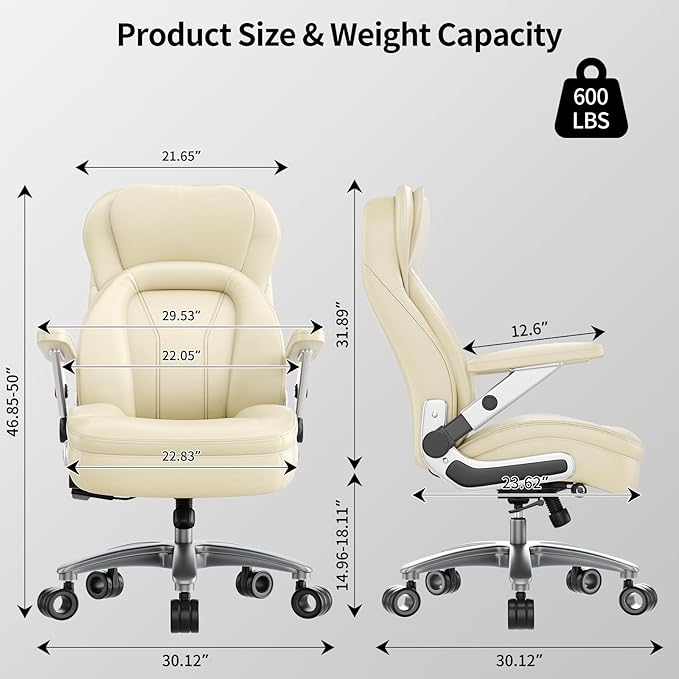 Big and Tall Office Chair, 600lbs Heavy Duty Desk Chair with 5D Arms, Adjustable Lumbar Support & Height, Tilt Function, PU Leather High Back Ergonomic Executive Computer Chair with 3'' Silent Casters