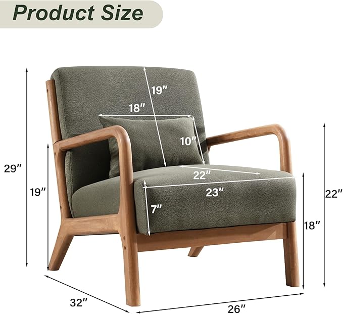 Accent Chair Mid Century Modern Chair Linen Fabric Living Room Chairs with Solid Wood Frame Comfy Upholstered and Lumbar Pillow Reading Side Chair Easy Assembly for Bedroom Room (1, Linen Green)