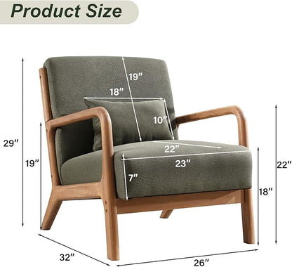 Accent Chair Mid Century Modern Chair Linen Fabric Living Room Chairs with Solid Wood Frame Comfy Upholstered and Lumbar Pillow Reading Side Chair Easy Assembly for Bedroom Room (1, Linen Green)