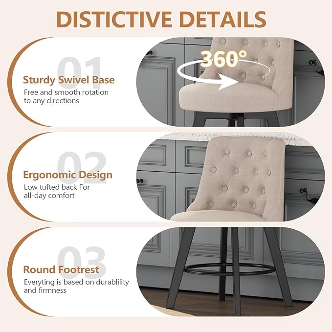 MINCETA Set of 2 Upholstered Bar Stools - 26 Inch Swivel Counter Height Stools with Low Tufted Back, Footrest & Performance Fabric - Round Seat for Kitchen Island & Home Bar Beige