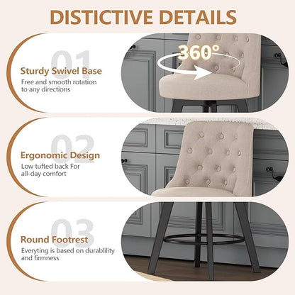 MINCETA Set of 2 Upholstered Bar Stools - 26 Inch Swivel Counter Height Stools with Low Tufted Back, Footrest & Performance Fabric - Round Seat for Kitchen Island & Home Bar Beige