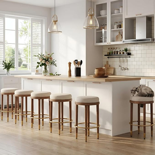 26’’ Rustic Backless Bar Stools with Metal Gold Footrest Counter Height Barstools Set of 6 Modern Round Farmhouse Beige Linen Upholstered Wooden Stools with Natural Solid Wood Legs for Kitchen Island