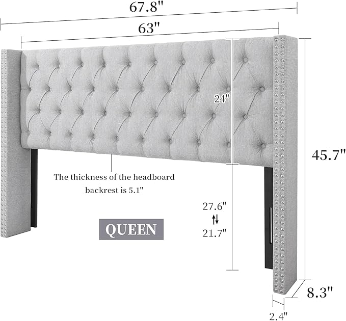 Lucky Monet Linen Upholstered Headboard Queen Size (Headboard Only), Nail Head Trim Wingback Tufted Button Headboard Luxury Soft Padded Head Board with Durable Metal Legs, Adjustable Height, Grey